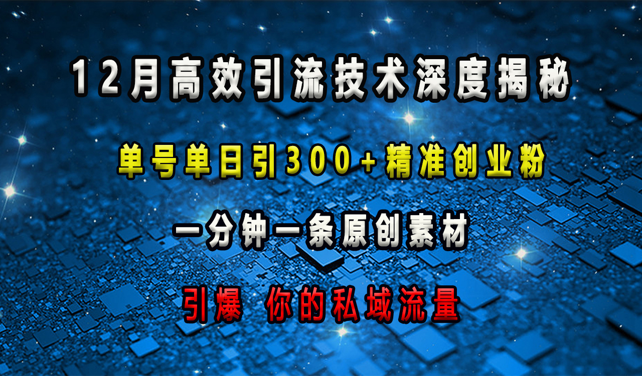 12月高效引流技术深度揭秘 ，单号单日引300+精准创业粉，一分钟一条原创素材，引爆你的私域流量云创网-网创项目资源站-副业项目-创业项目-搞钱项目云创网