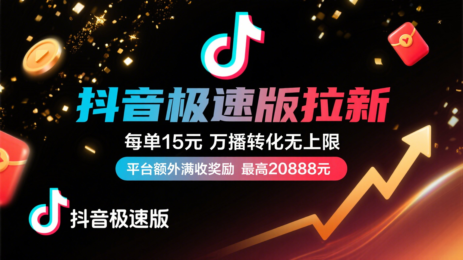 抖音极速版放福利，每单15元，万播转化无上限，平台额外满收奖励，最高可领20888元云创网-网创项目资源站-副业项目-创业项目-搞钱项目云创网